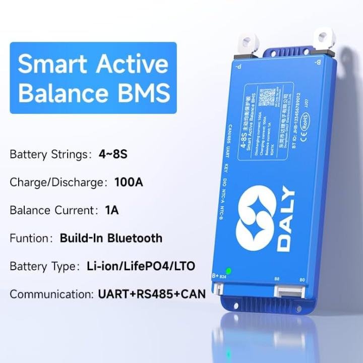 DALY 100A 4S-8S 12V-24V Smart BMS with 1A Active Balancer and Build-in Bluetooth RS485 CAN for Lithium Battery NCM/LFP/LTO Pack