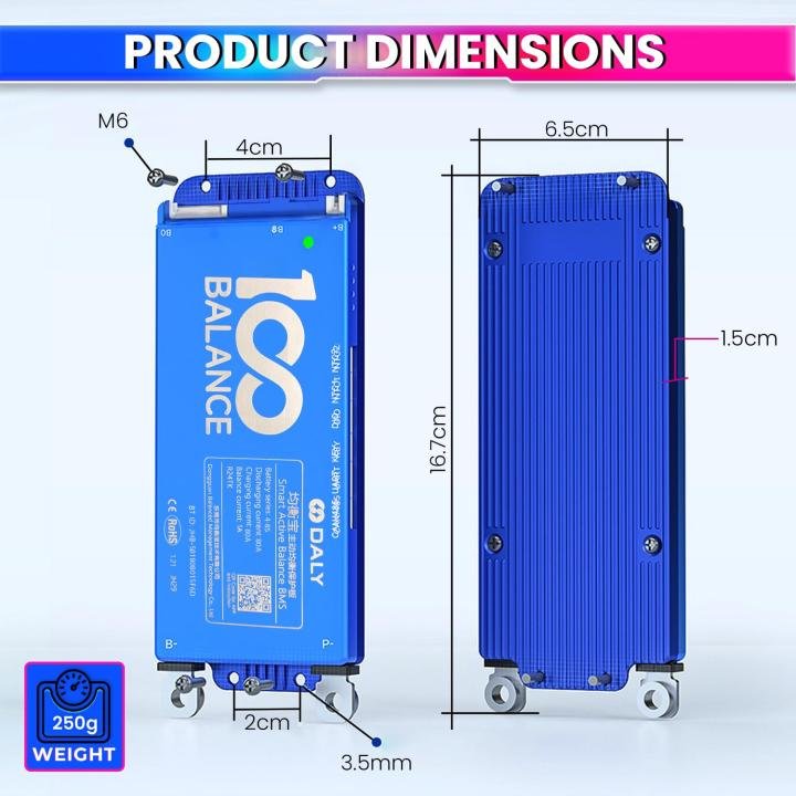 DALY, 80A 4-8S, 12-24V BMS with 1A Active Balancer and Built-in Bluetooth for Lithium/LFP/LTO Battery Pack, Works with 100BALANCE Mobile App