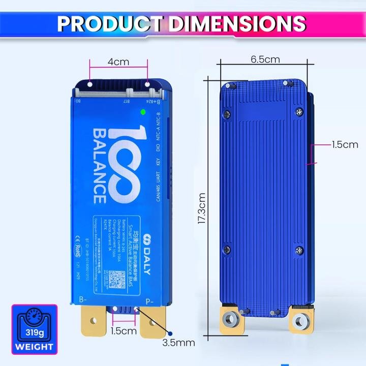 DALY, 150A 8-24S, 24-72V BMS with 1A Active Balancer and Built-in Bluetooth for Lithium/LFP/LTO Battery Pack, Works with 100BALANCE Mobile App
