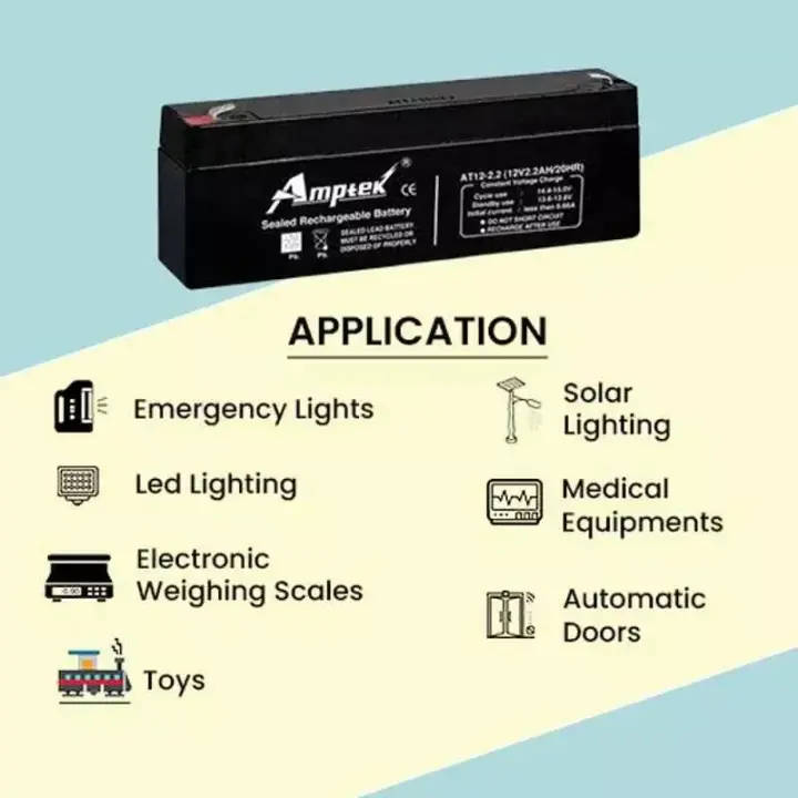 Amptek 12 V 2.2 Ah Black Sealed Rechargeable SMF Industrial Battery, AT12-2.2